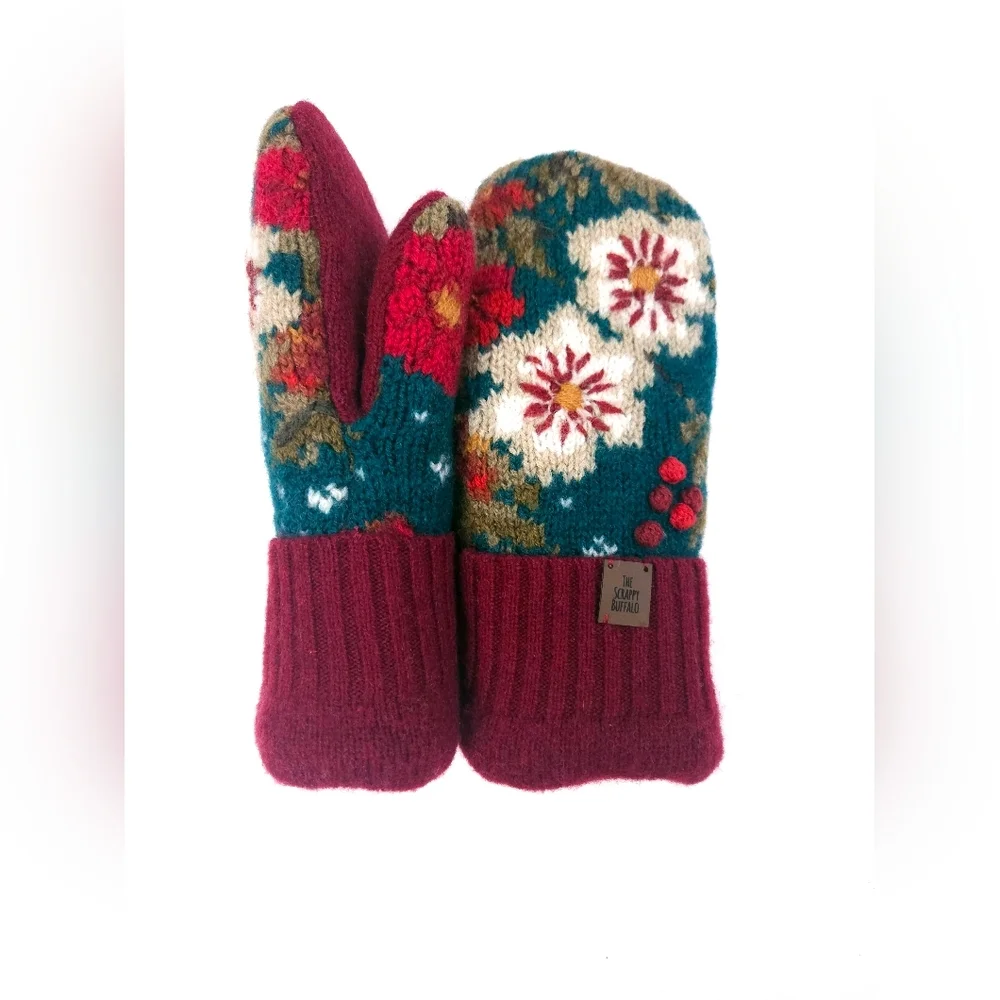 Upcycled Embroidered Teal and Burgundy Sweater Mittens Double Fleece Lined M
